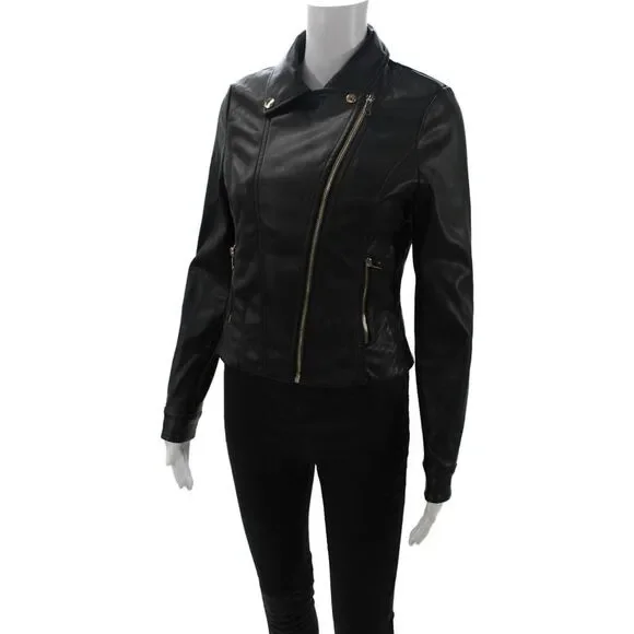 Bebe Women Biker Motorcycle Jacket Black PU Collared Button Long Sleeve Size S - Picture 2 of 7